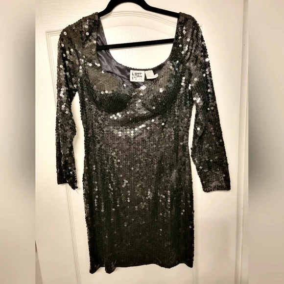 90s split prom dress One-Sleeve Long Black Sequin Formal Dress S1283 Black / 00 main image 0